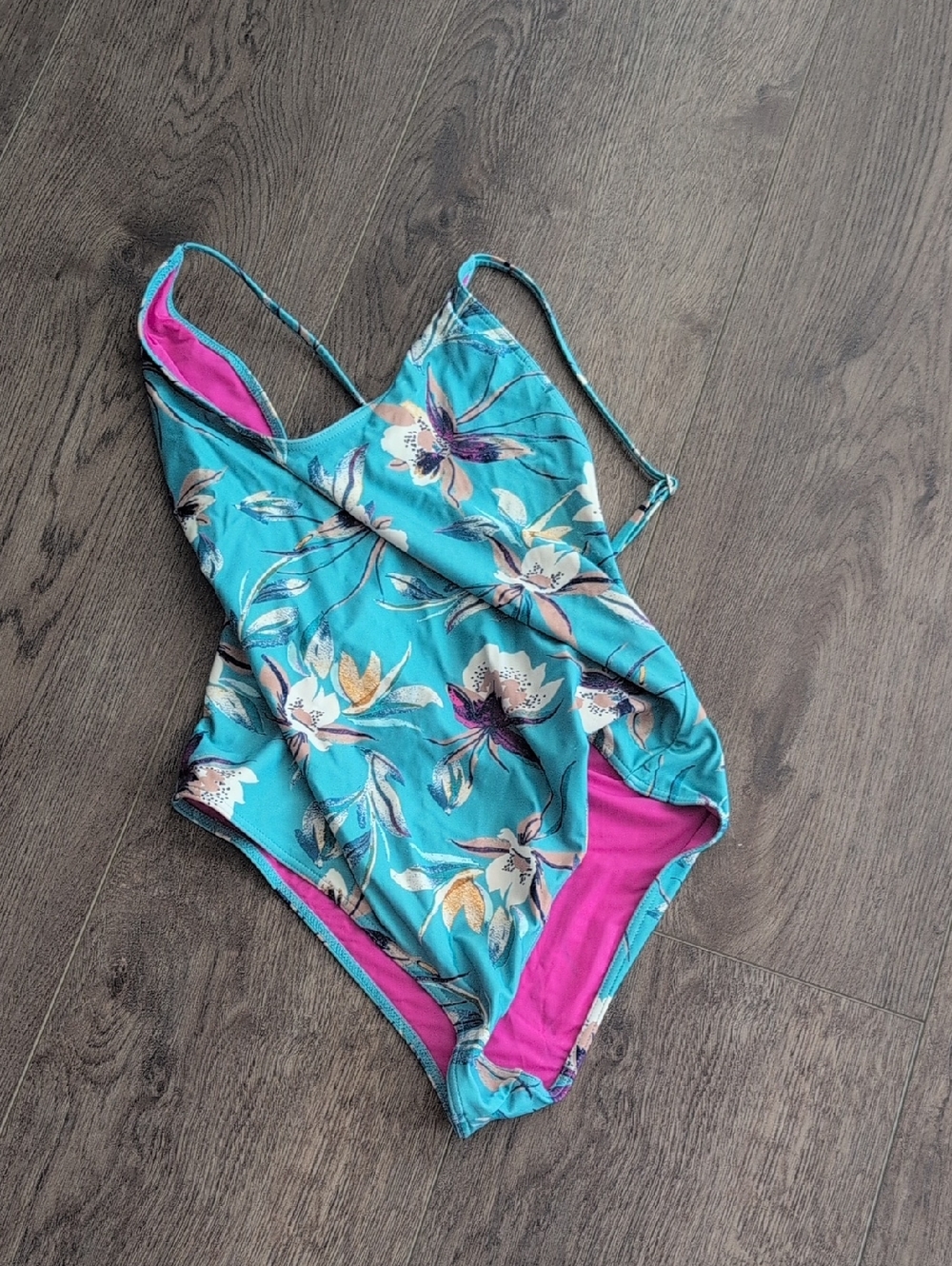Women's Floral One-Piece Swimsuit - Turquoise with Pink Lining